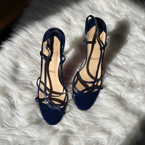 Christian Louboutin Navy Blue Patent Leather Strappy Heels Red Bottoms - Picture 5 of 10